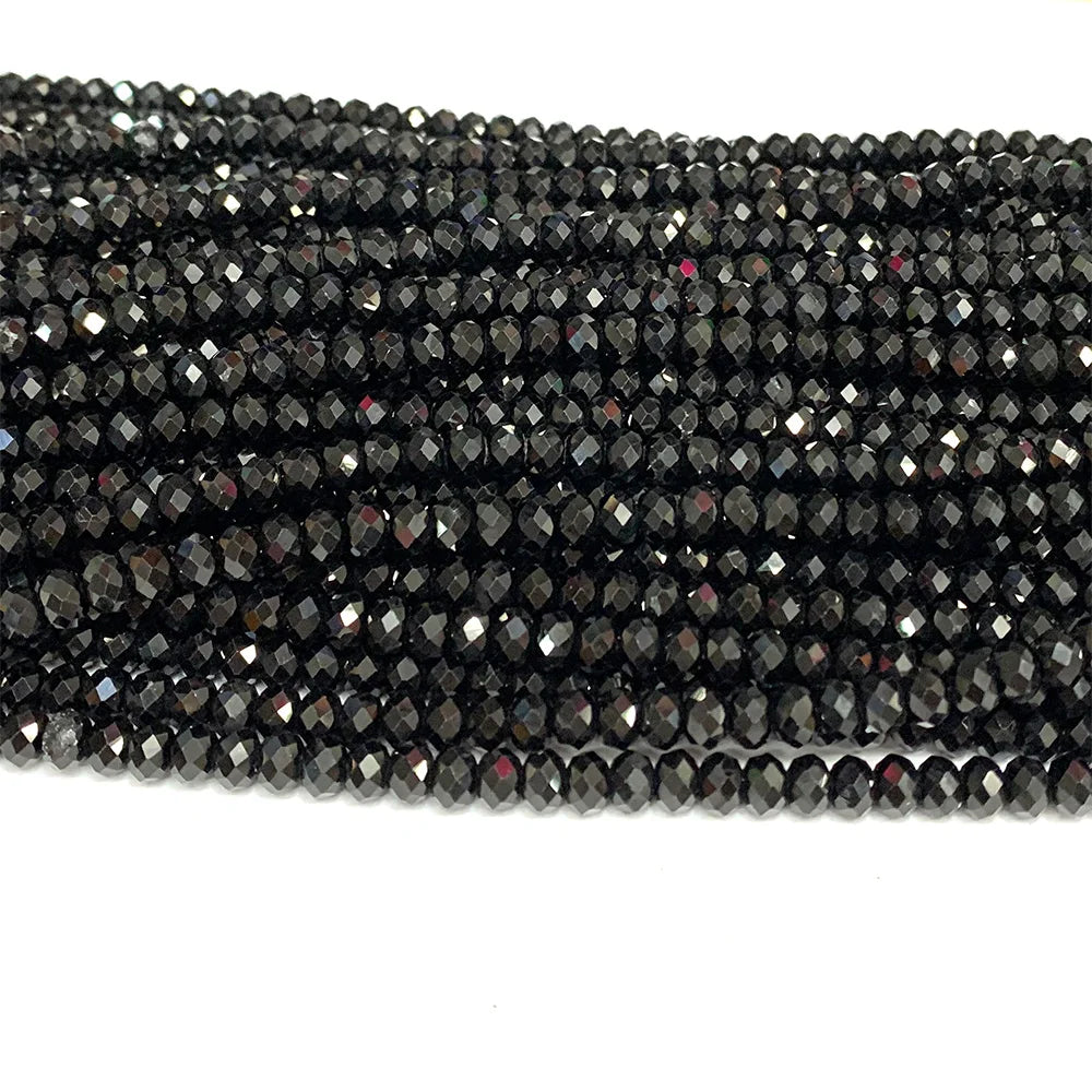 Natural Black Tourmaline Faceted Round Bead Strand