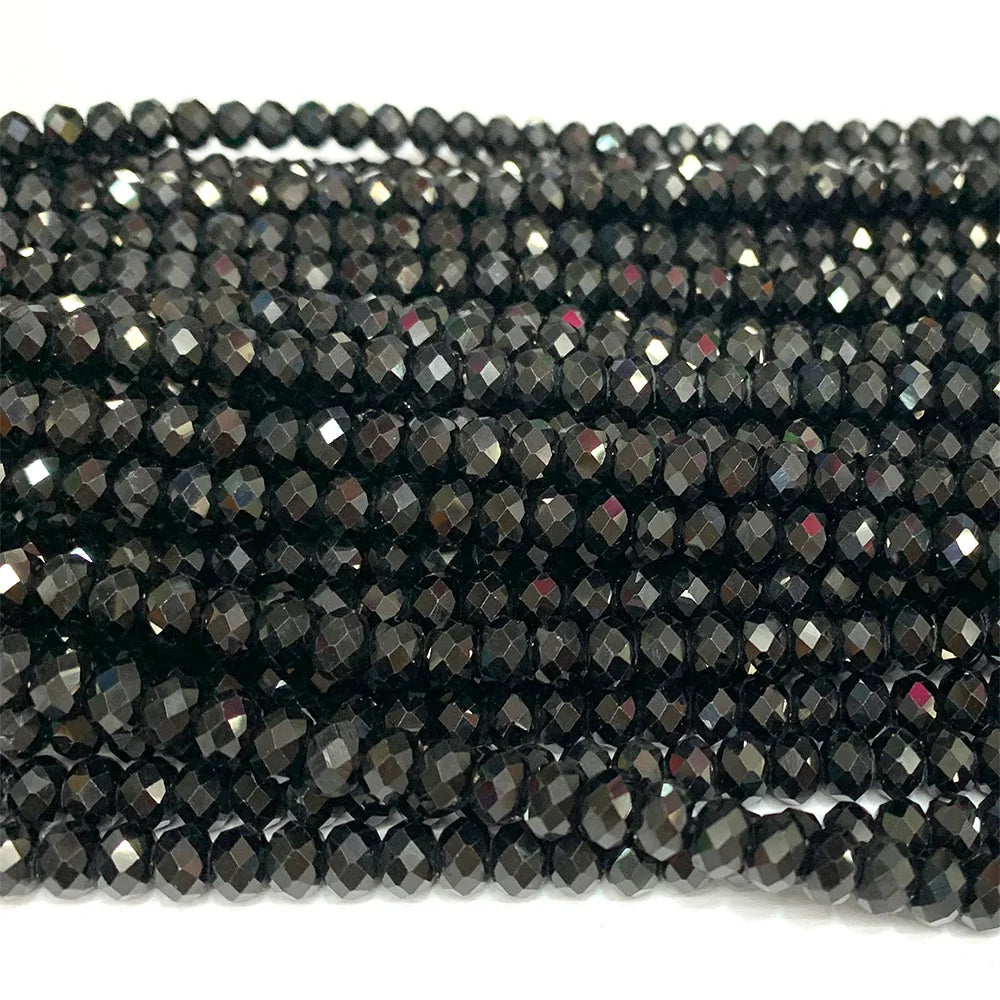 Natural Black Tourmaline Faceted Round Bead Strand