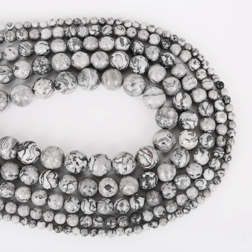 HQ Natural Grey Map Stone Bead Strand