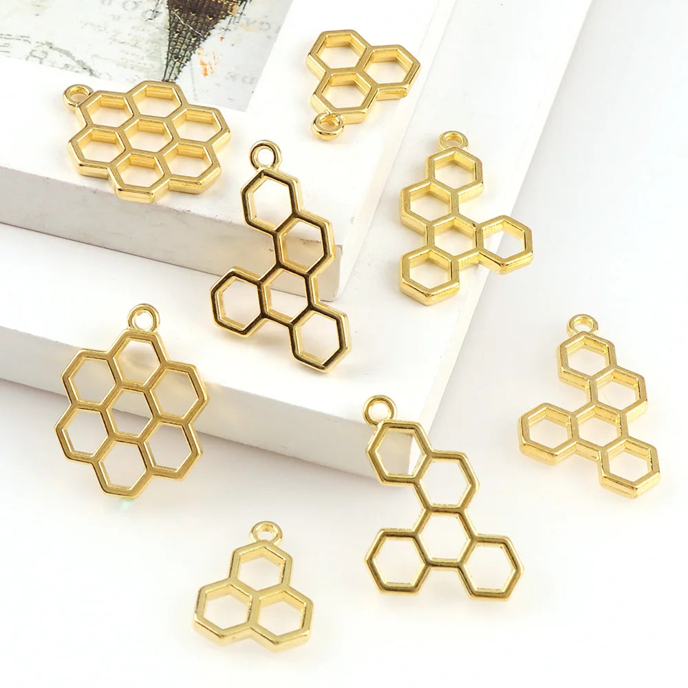 3pc Cabochon Honeycomb Gold Metal Frame Pendant Gold Charm Bezel Setting