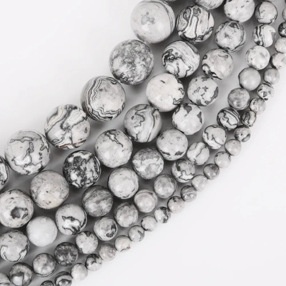 HQ Natural Grey Map Stone Bead Strand