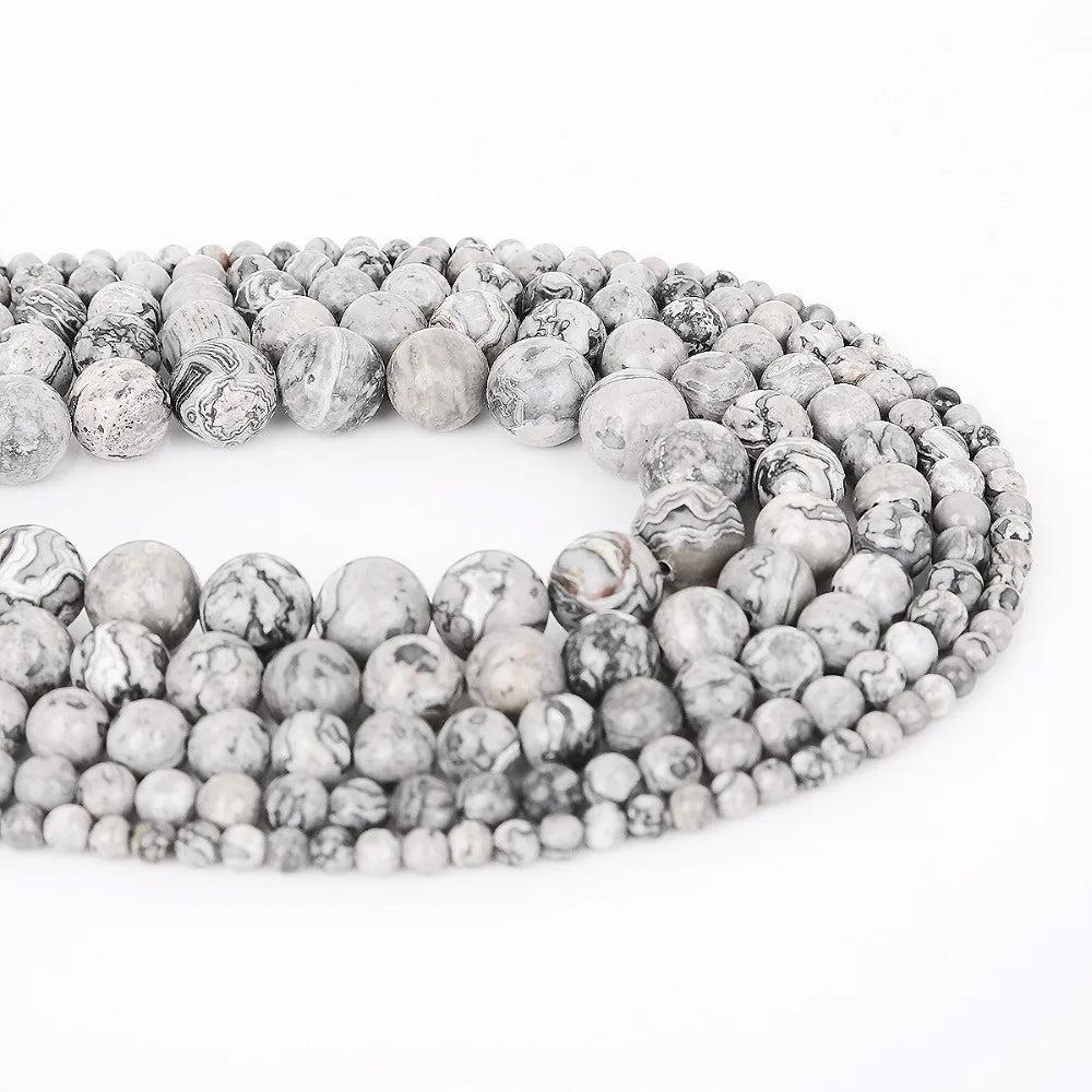 HQ Natural Grey Map Stone Bead Strand