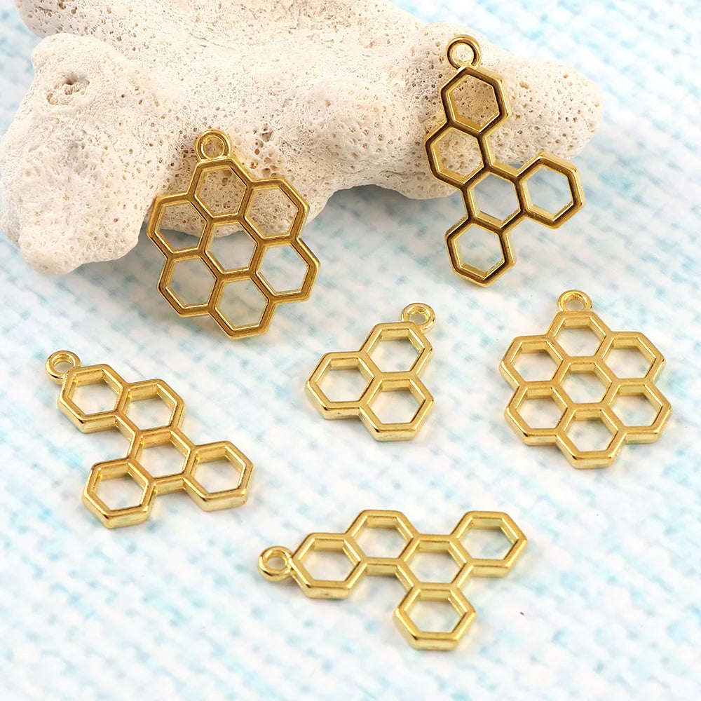 3pc Cabochon Honeycomb Gold Metal Frame Pendant Gold Charm Bezel Setting