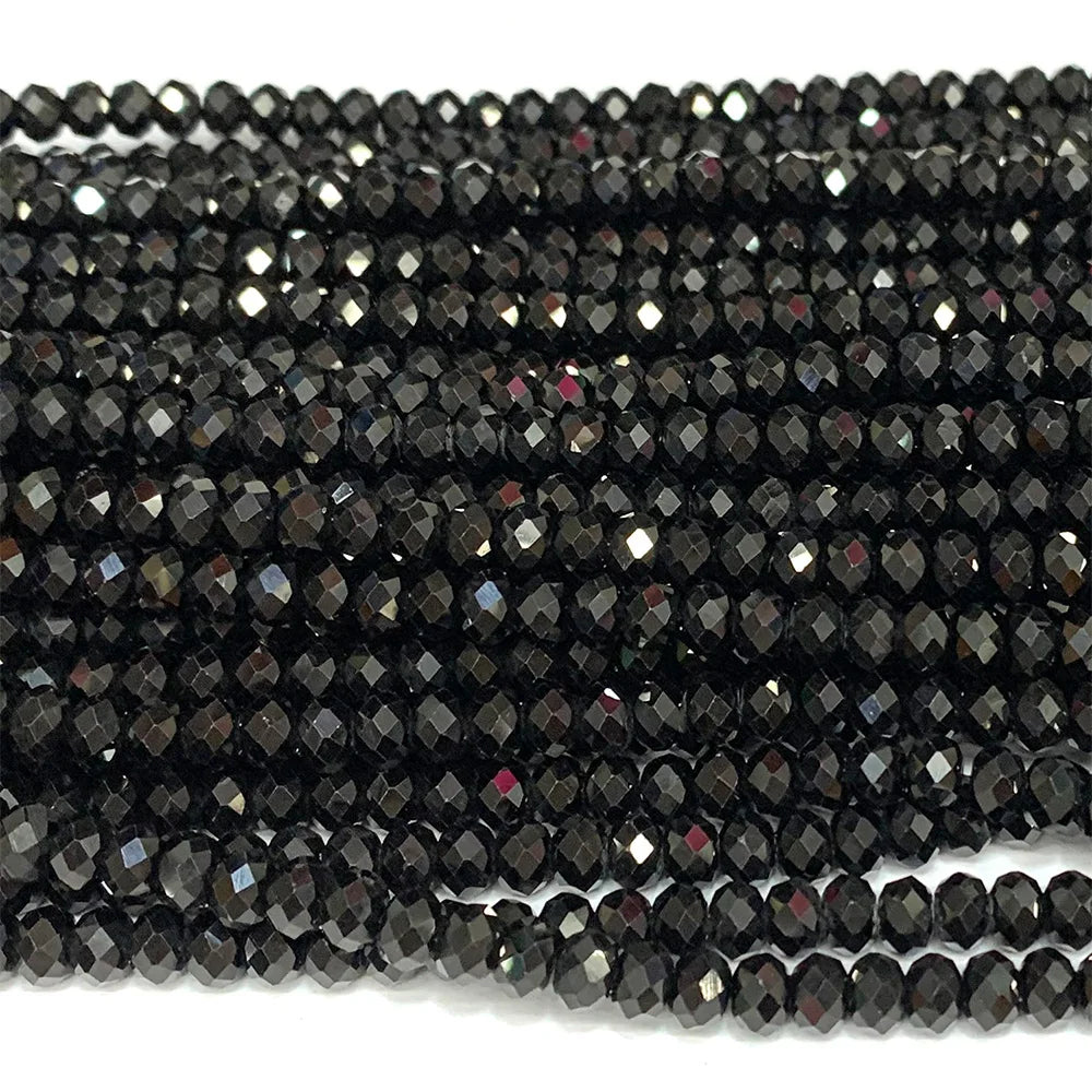 Natural Black Tourmaline Faceted Round Bead Strand