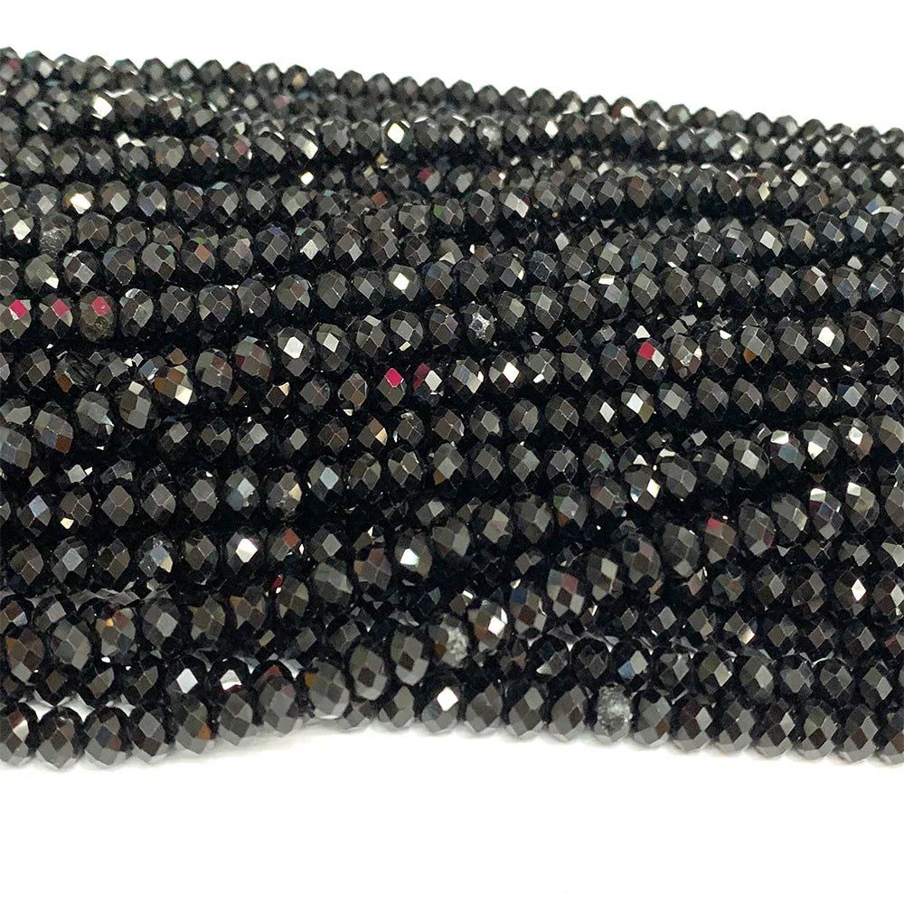 Natural Black Tourmaline Faceted Round Bead Strand