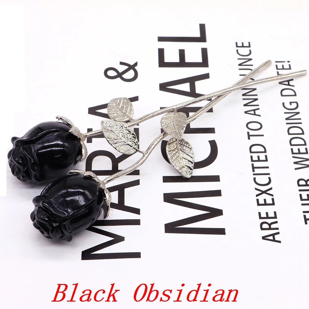 Natural Gemstone/Stainless Steel Carved Rose