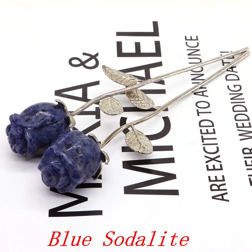 Natural Gemstone/Stainless Steel Carved Rose