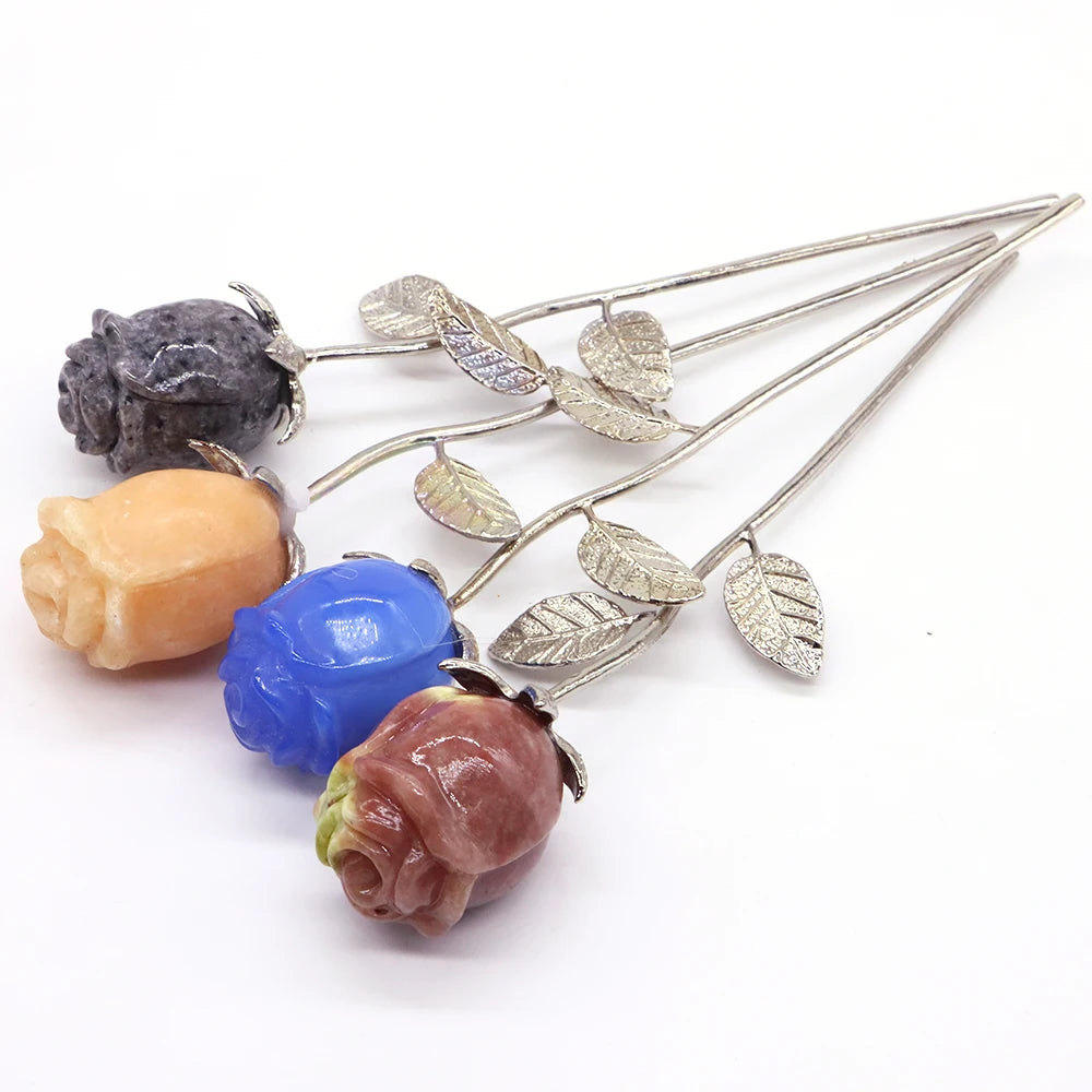 Natural Gemstone/Stainless Steel Carved Rose