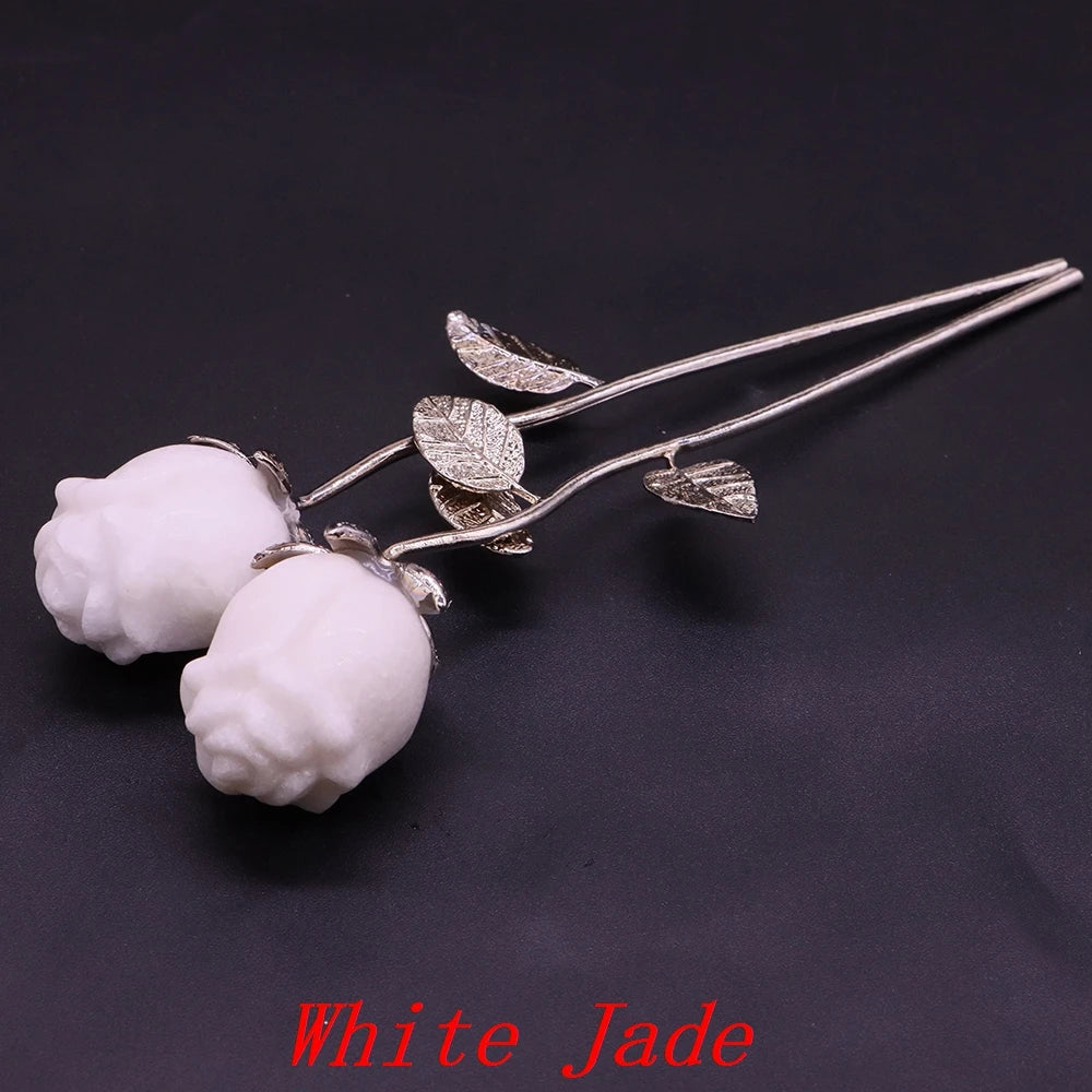 Natural Gemstone/Stainless Steel Carved Rose