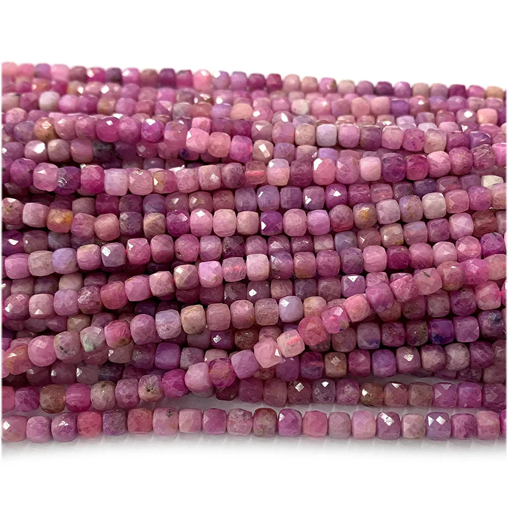 Natural Pink Ruby Faceted Cube Bead Strand