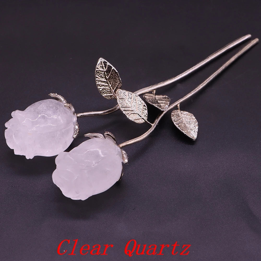 Natural Gemstone/Stainless Steel Carved Rose