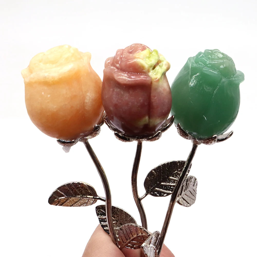 Natural Gemstone/Stainless Steel Carved Rose