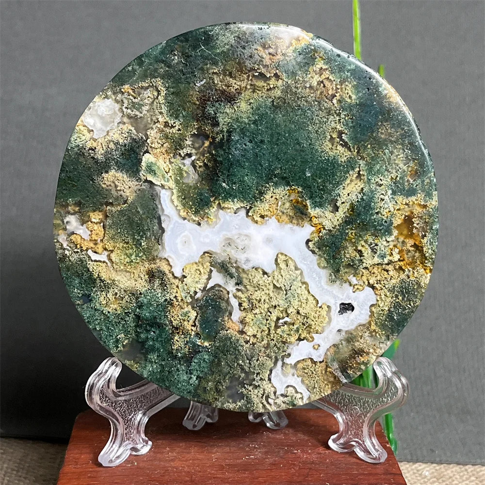 Natural Moss Agate Round Slab (With Stand)
