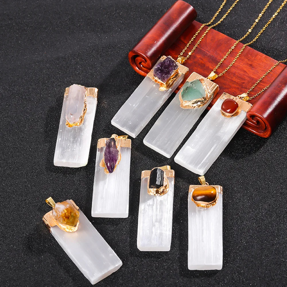 Raw Selenite Pendant w/ Inlaid Crystal
