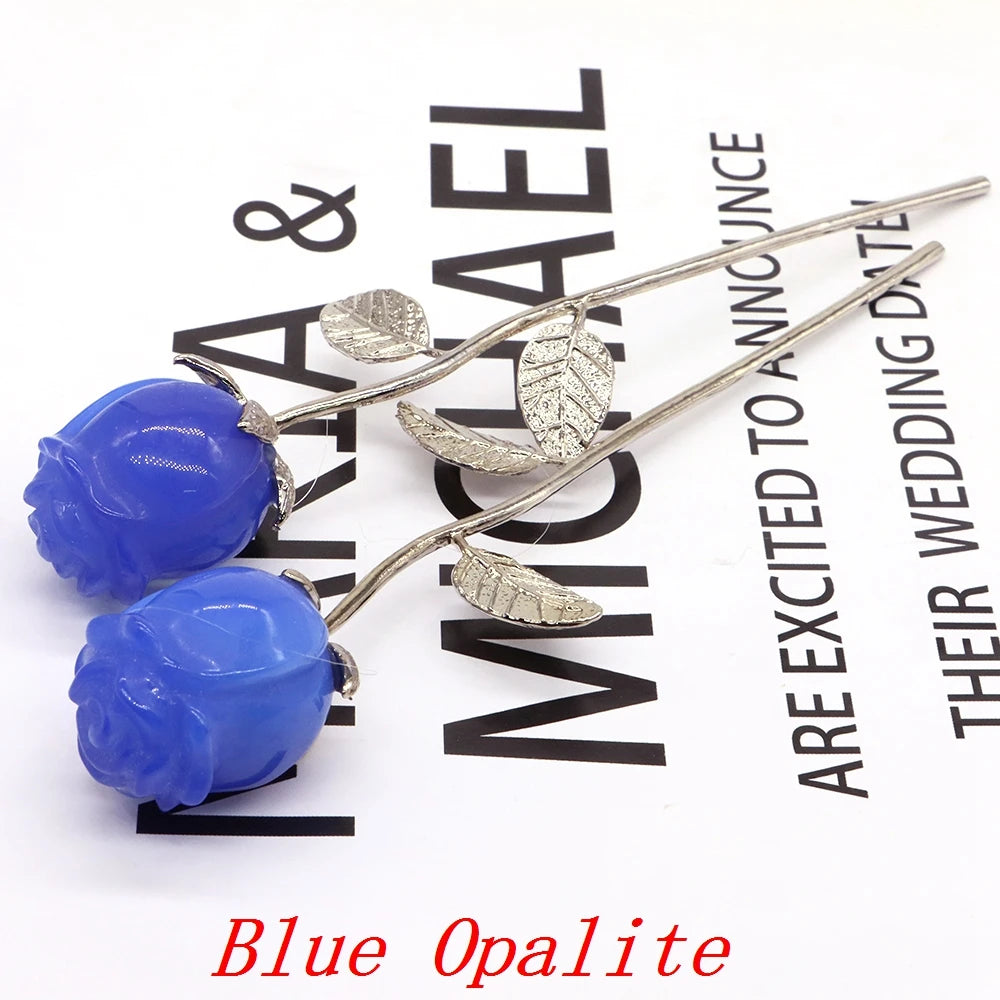 Natural Gemstone/Stainless Steel Carved Rose