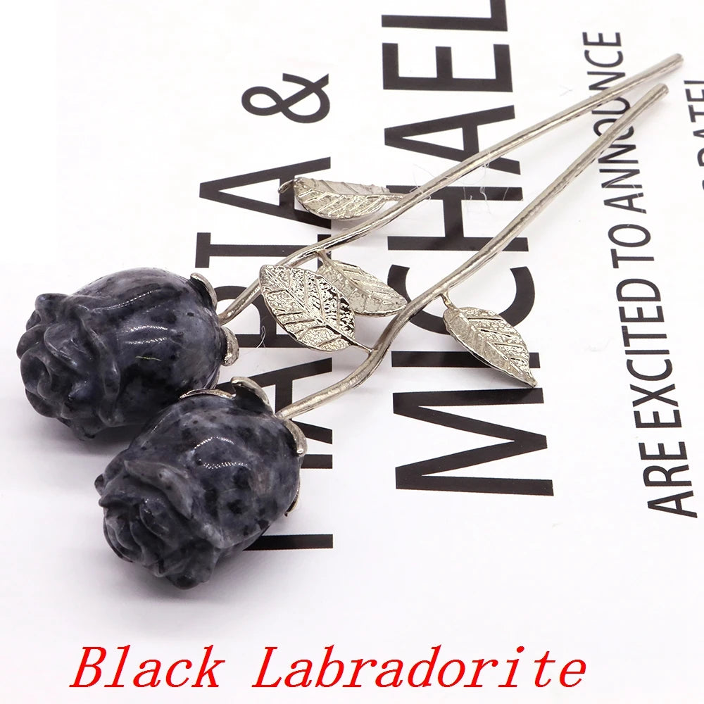 Natural Gemstone/Stainless Steel Carved Rose