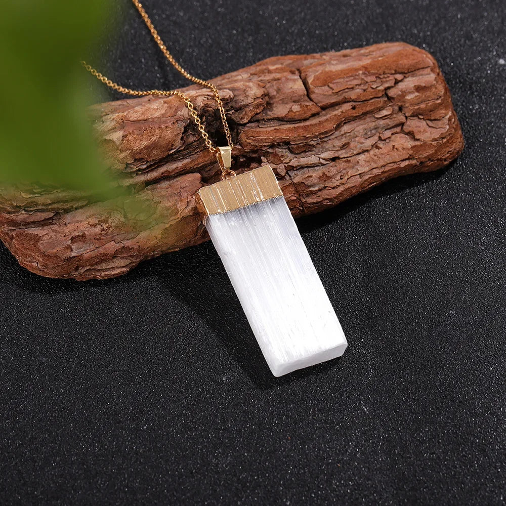 Raw Selenite Pendant w/ Inlaid Crystal