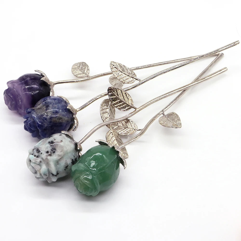 Natural Gemstone/Stainless Steel Carved Rose