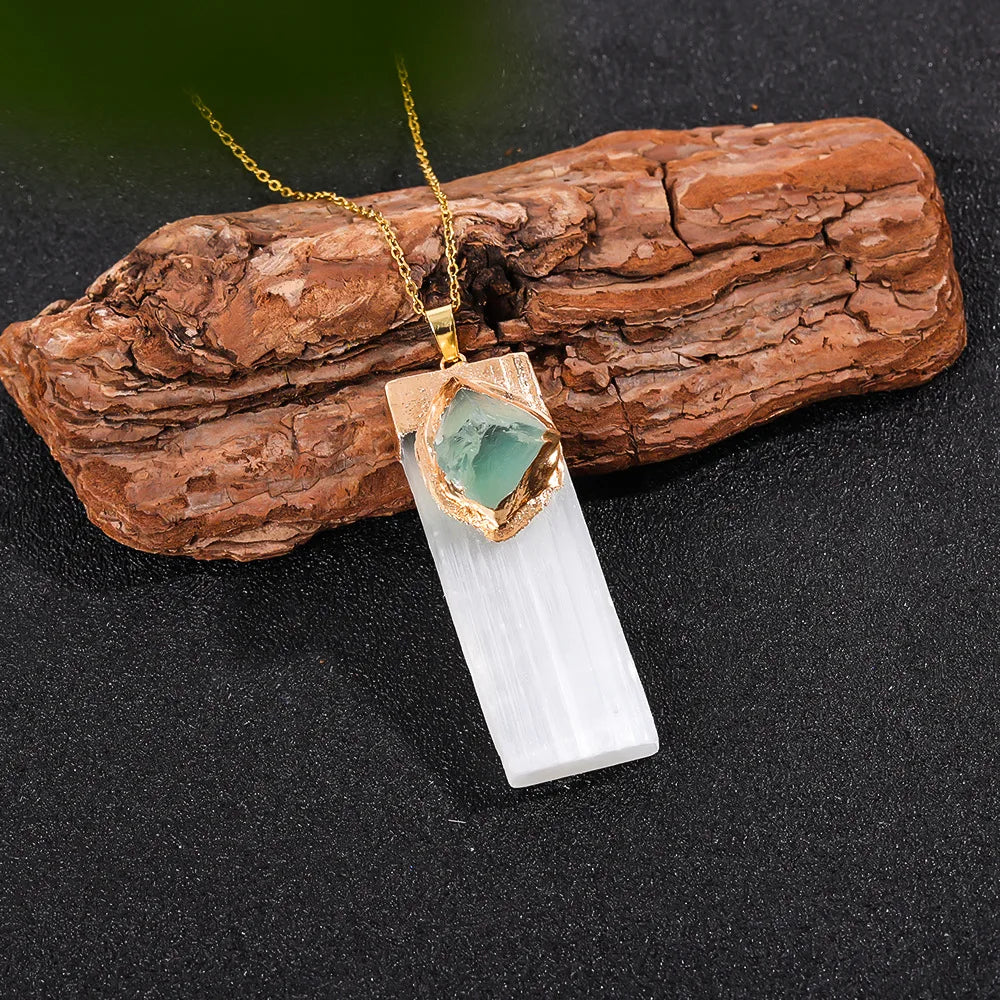 Raw Selenite Pendant w/ Inlaid Crystal