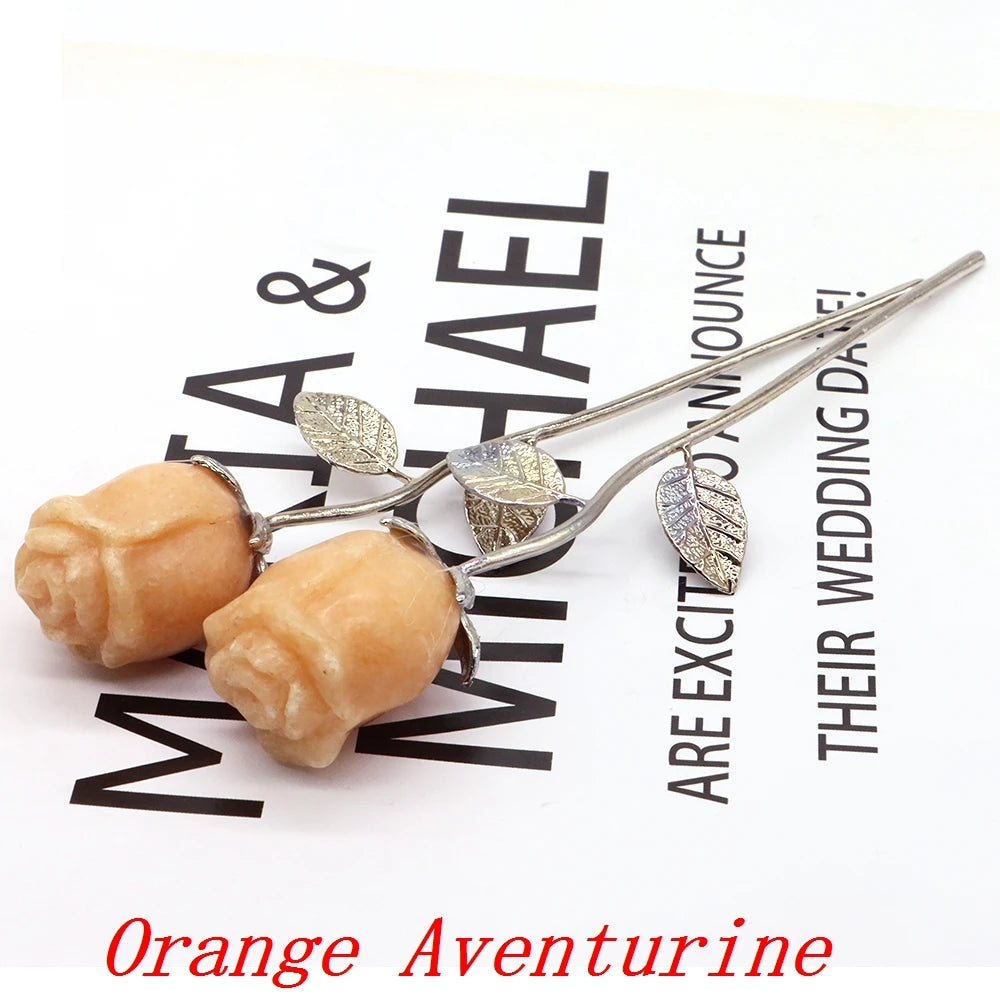 Natural Gemstone/Stainless Steel Carved Rose