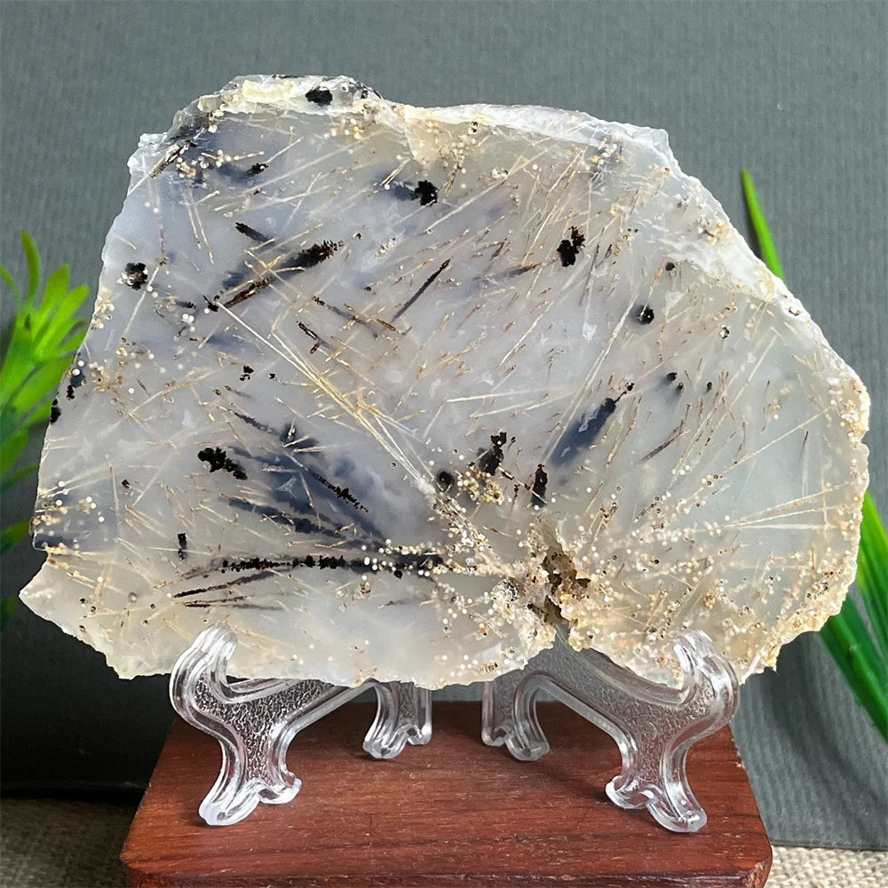 Natural Rutilated Hair Agate Slab (With Stand)