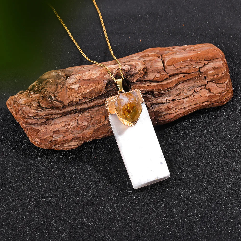 Raw Selenite Pendant w/ Inlaid Crystal