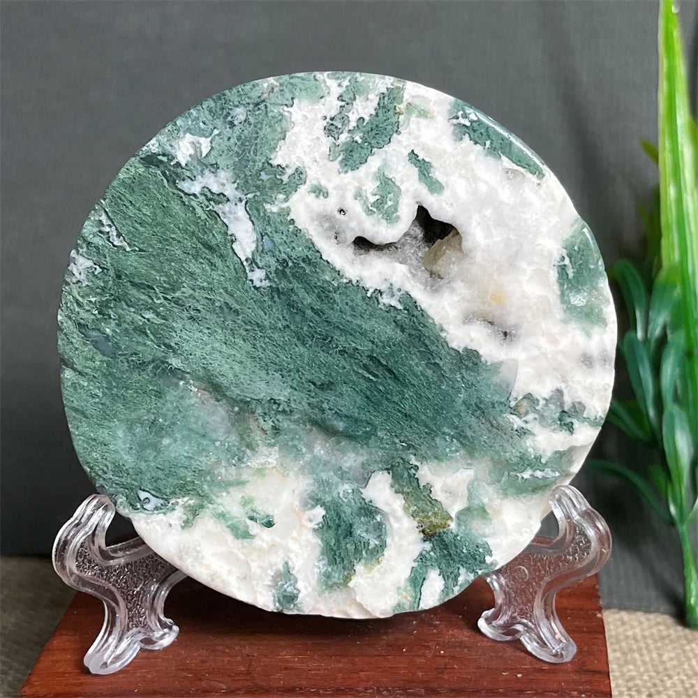 Natural Moss Agate Round Slab (With Stand)