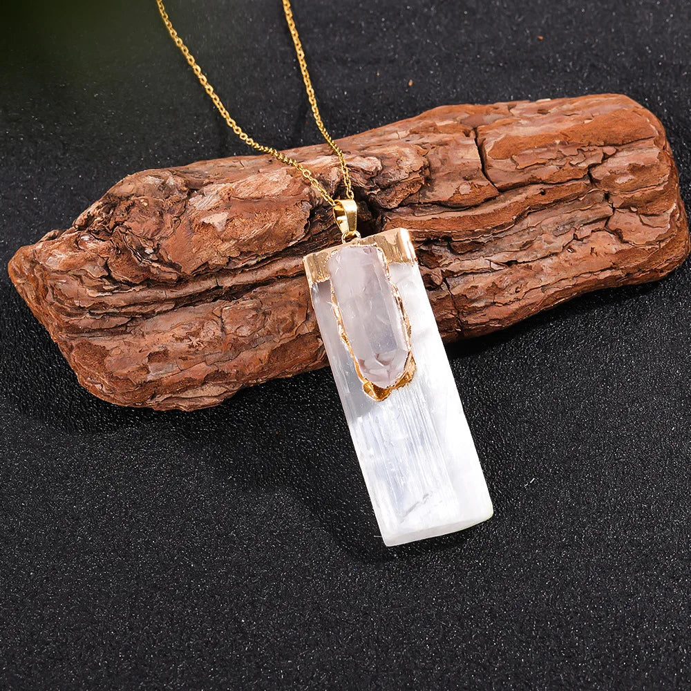 Raw Selenite Pendant w/ Inlaid Crystal