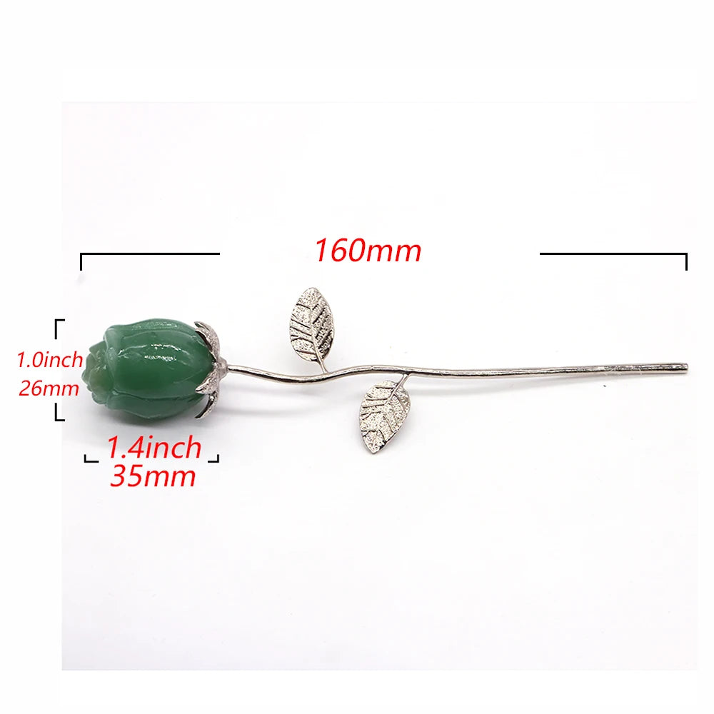 Natural Gemstone/Stainless Steel Carved Rose