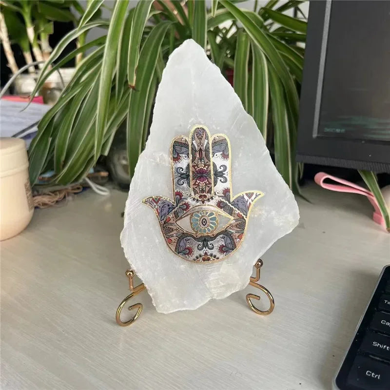 Natural Selenite Slab with Hamsa Hand Embellishment