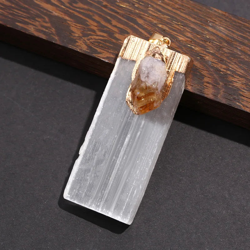 Raw Selenite Pendant w/ Inlaid Crystal