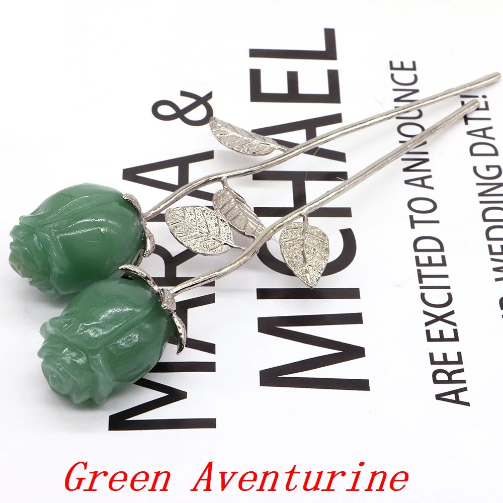 Natural Gemstone/Stainless Steel Carved Rose
