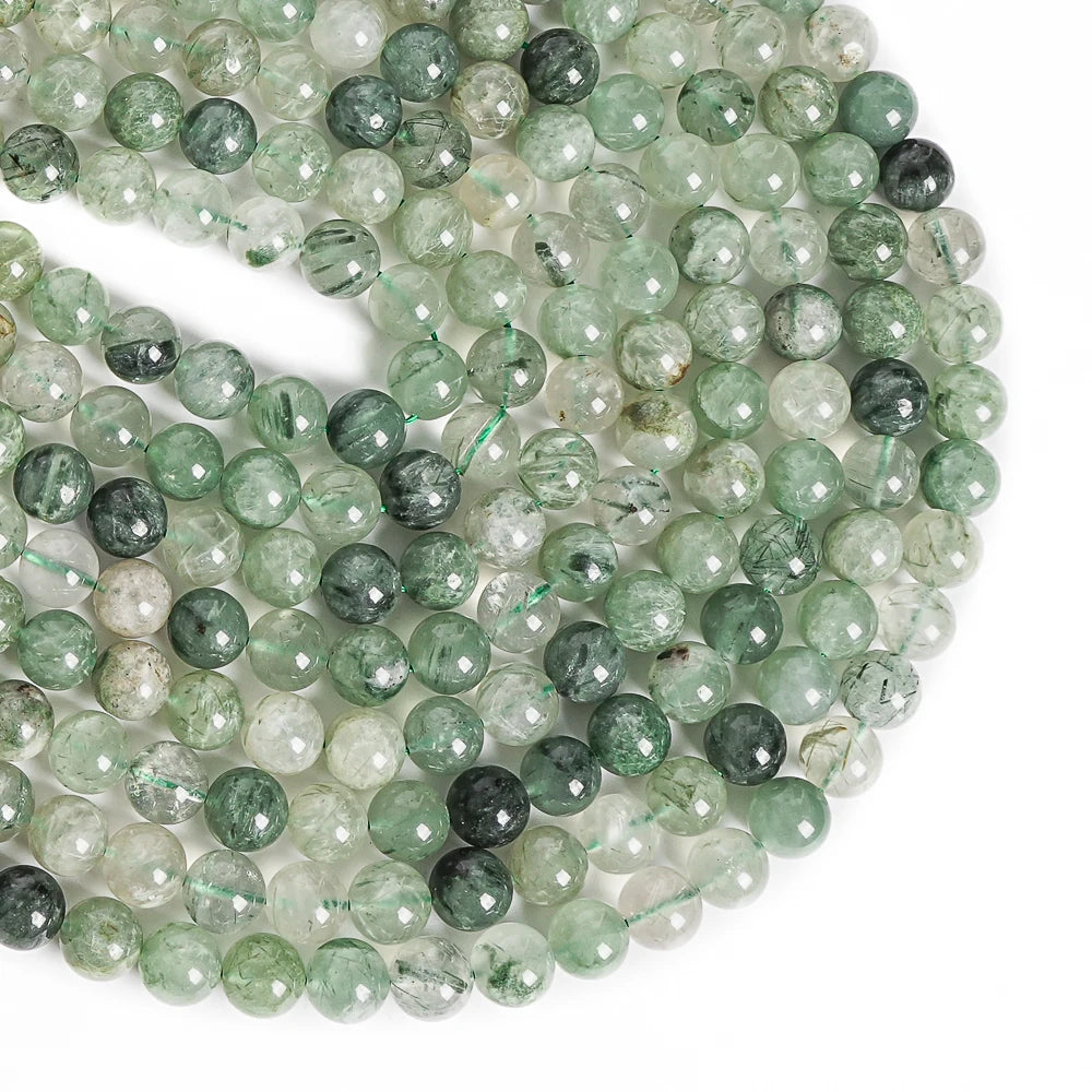 Natural Green Rutilated Quartz Round Bead Strand