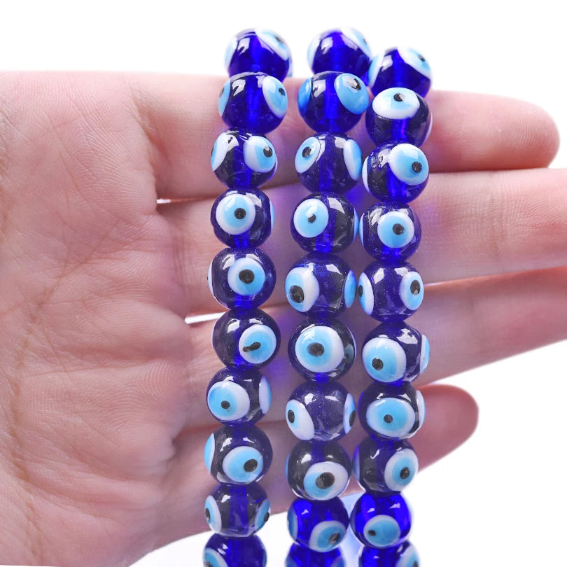 10mm Blue Glass Blue Evil Eye Bead Strand