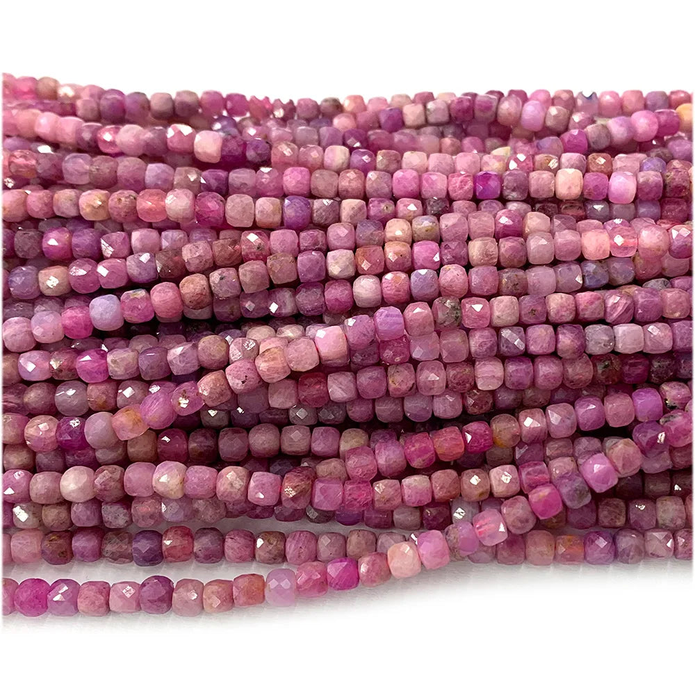 Natural Pink Ruby Faceted Cube Bead Strand