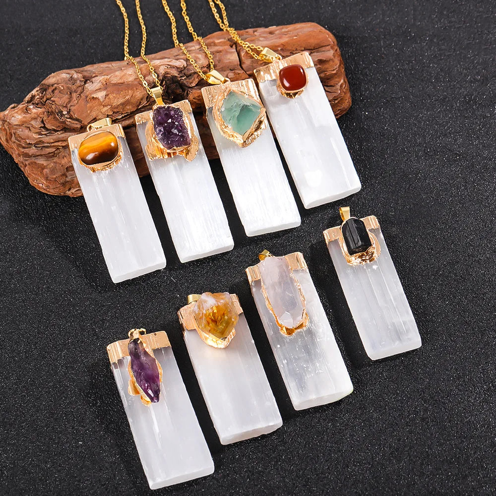 Raw Selenite Pendant w/ Inlaid Crystal