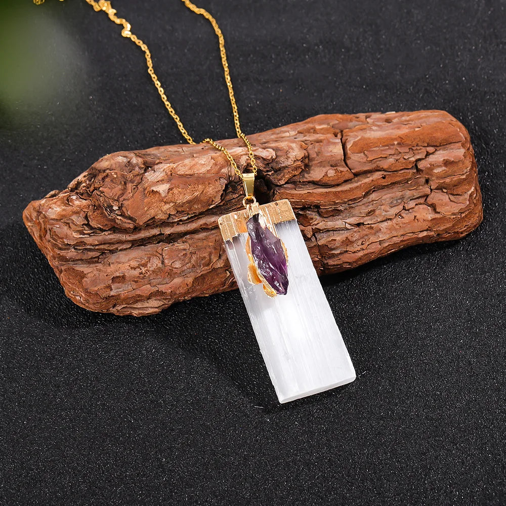 Raw Selenite Pendant w/ Inlaid Crystal