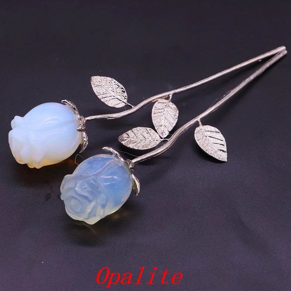 Natural Gemstone/Stainless Steel Carved Rose