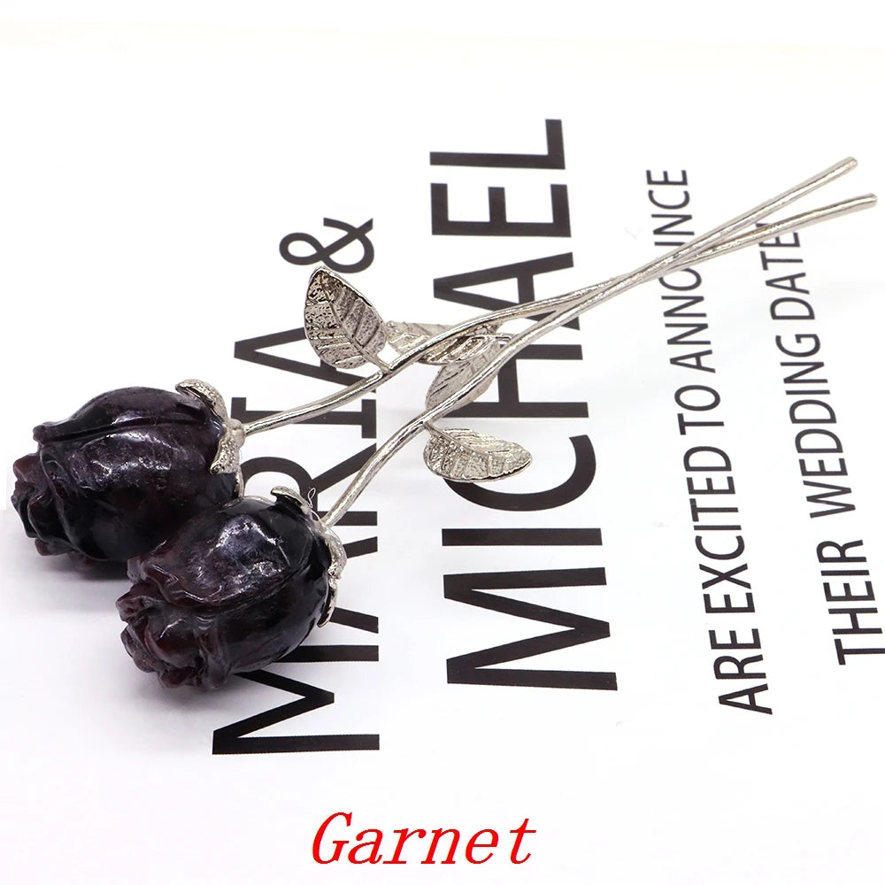 Natural Gemstone/Stainless Steel Carved Rose