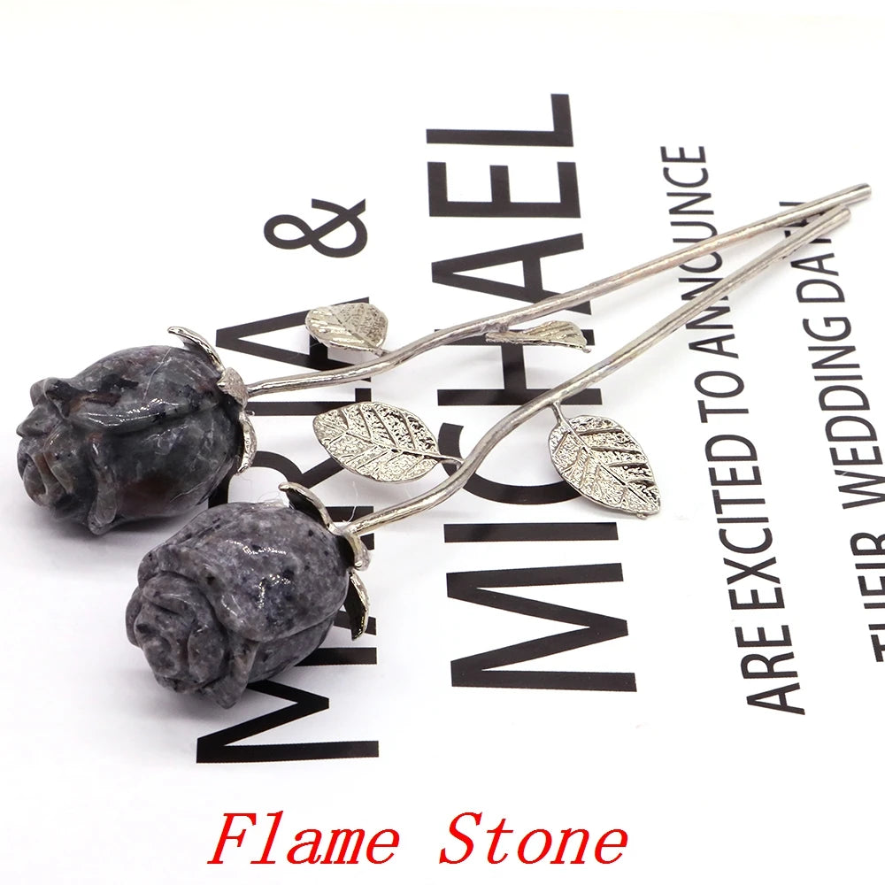 Natural Gemstone/Stainless Steel Carved Rose