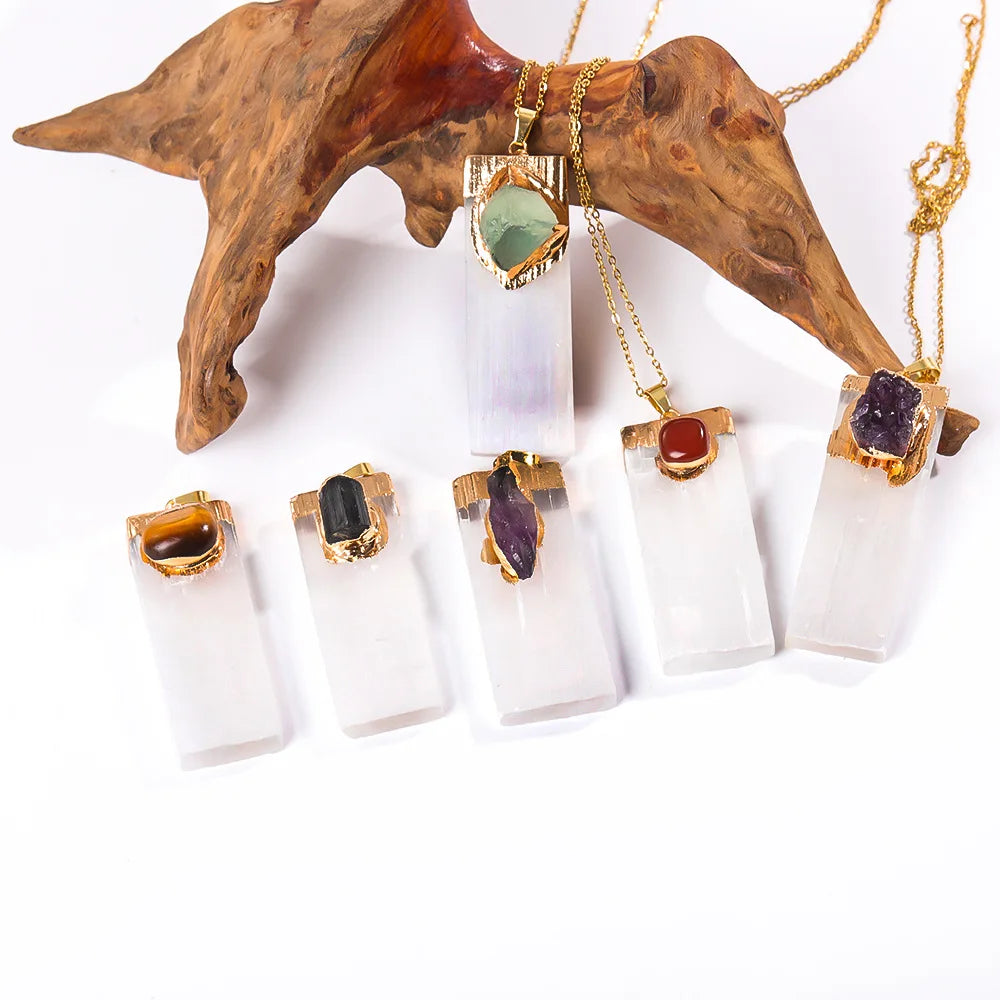 Raw Selenite Pendant w/ Inlaid Crystal