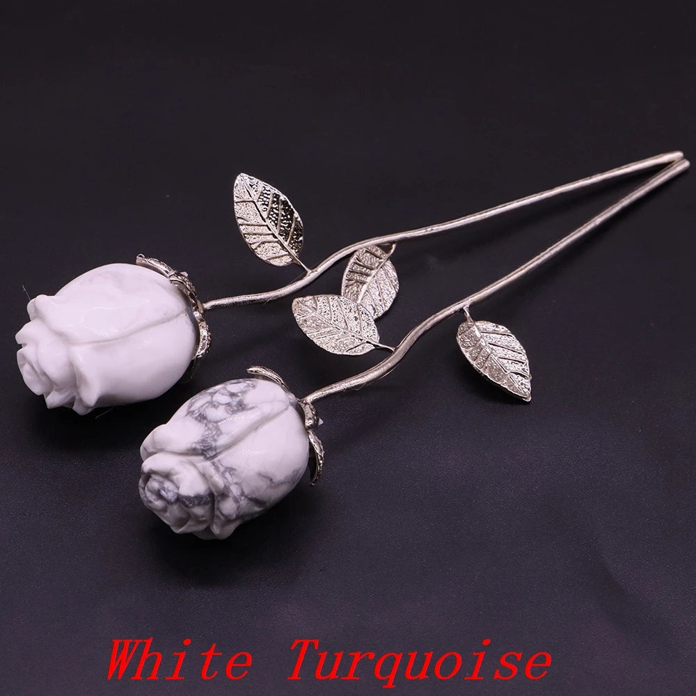 Natural Gemstone/Stainless Steel Carved Rose