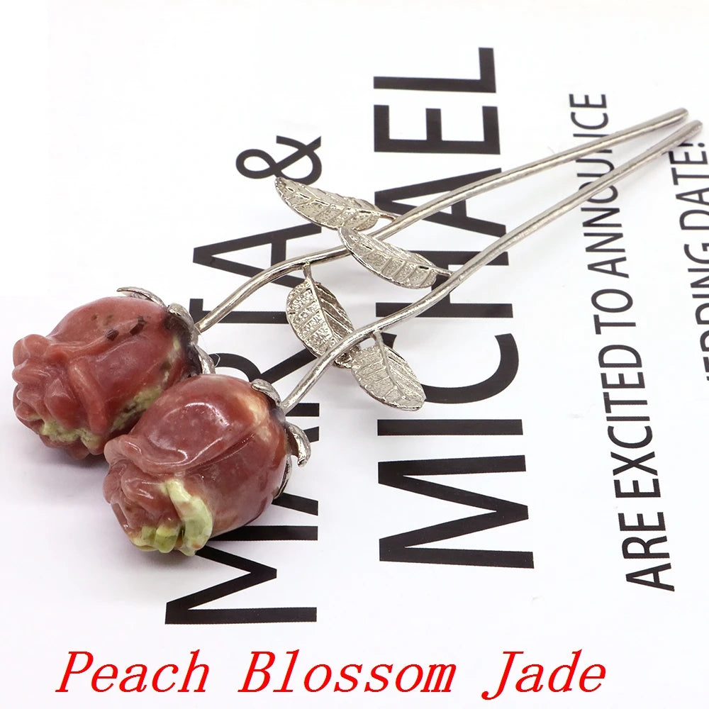 Natural Gemstone/Stainless Steel Carved Rose