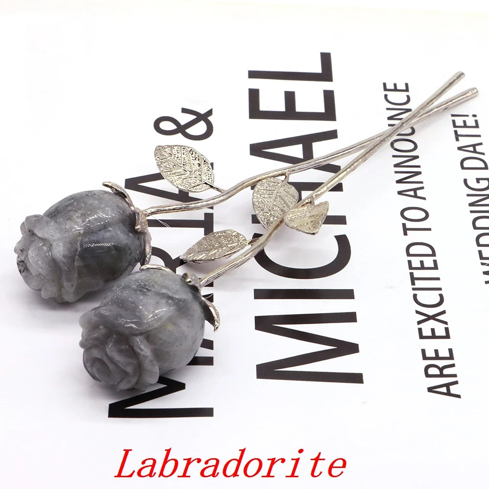 Natural Gemstone/Stainless Steel Carved Rose