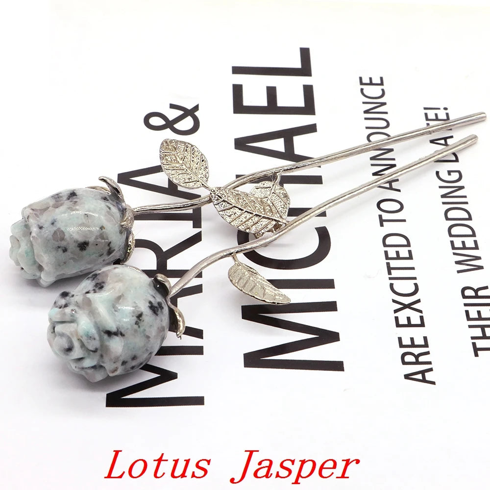 Natural Gemstone/Stainless Steel Carved Rose