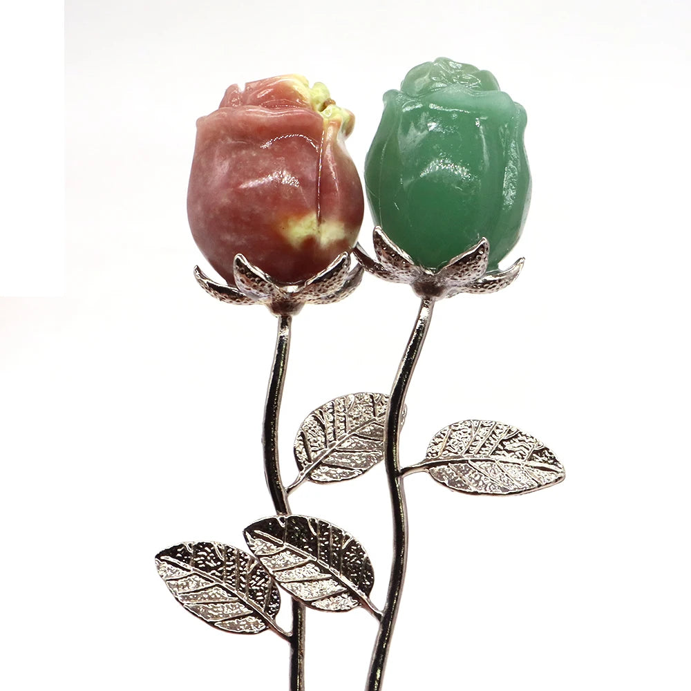 Natural Gemstone/Stainless Steel Carved Rose