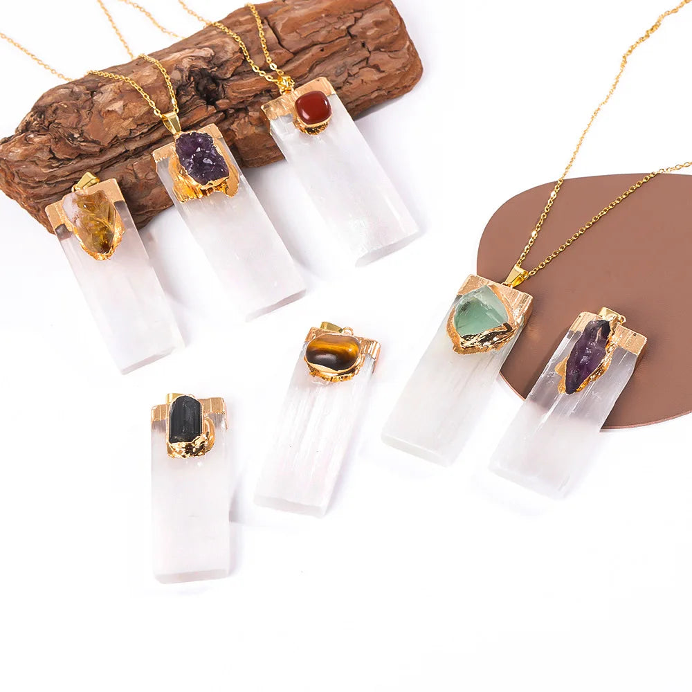 Raw Selenite Pendant w/ Inlaid Crystal