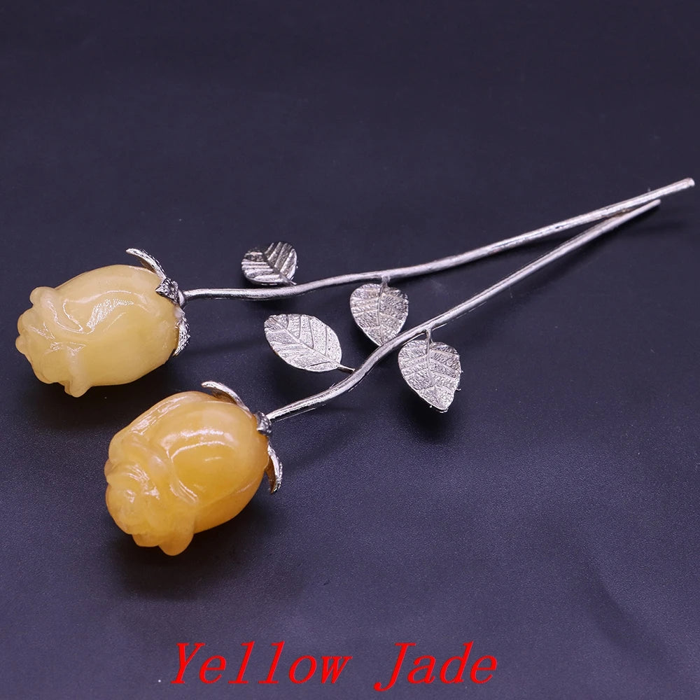 Natural Gemstone/Stainless Steel Carved Rose
