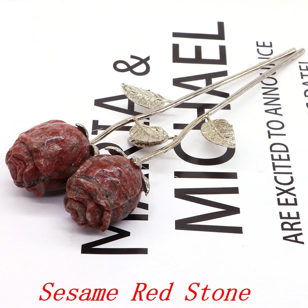 Natural Gemstone/Stainless Steel Carved Rose