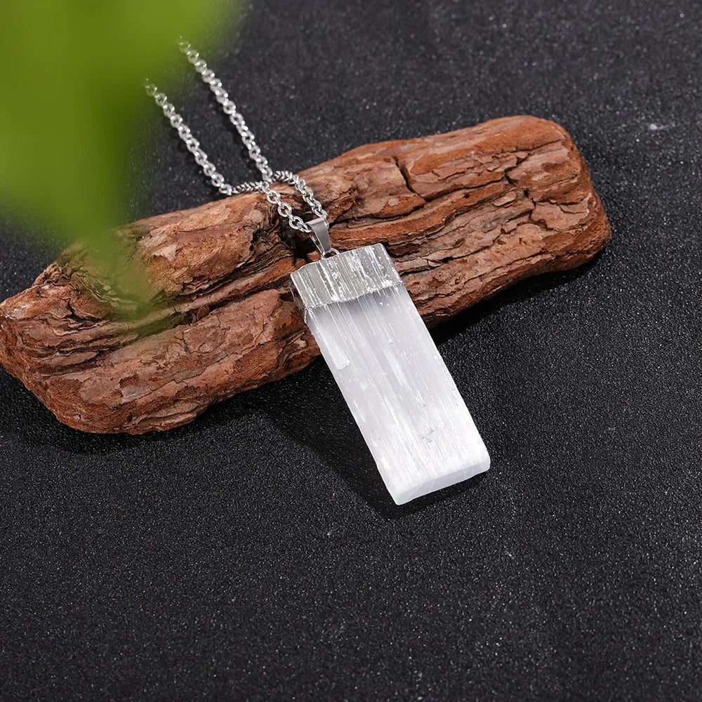Raw Selenite Pendant w/ Inlaid Crystal